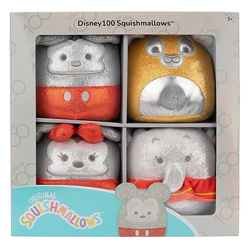 Squishmallows SQDI00233 - Disney 100 4er Pack, offizielles Set mit Winnie Puuh, Tinkerbell, Simba & Dumbo, je 12,5cm Plüschfiguren von Squishmallows