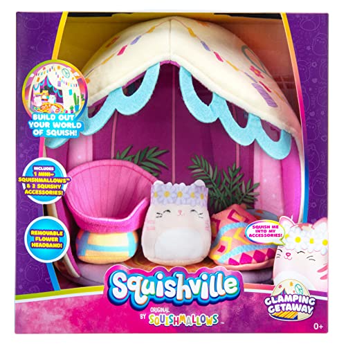Squishville SQM0210 - Glamping Set, superweiches Zelt mit 5cm Mini-Squishmallows Plüschfigur und Zubehör von Squishville