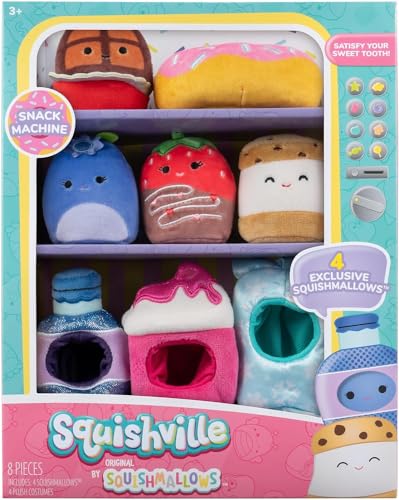 Squishville SQM0551 - Snackautomat, Vier 5cm Mini-Squishmallows Plüschfiguren und Vier Zubehörteile im Snackautomat von Squishville