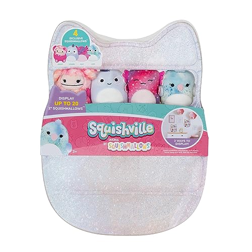 Squishville by Original Squishmallows Spiel- und Präsentationsaufbewahrung, 4 5,1 cm große Plüschtiere im Lieferumfang enthalten, Big Foot, Axolotl, Papagei, Chamäleon, Schaukasten zum Aufhängen oder von Squishville