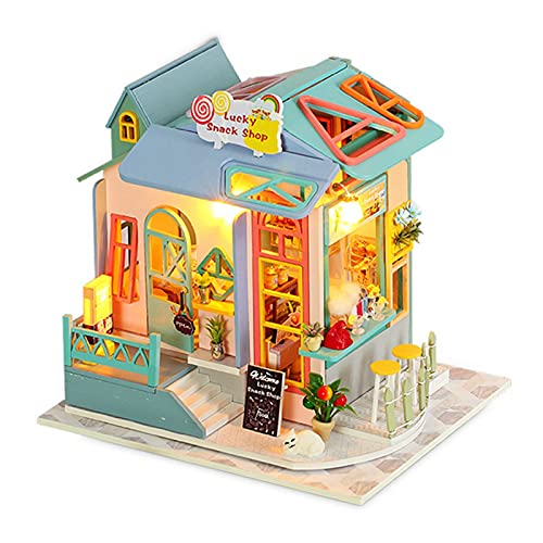 Lucky Snack Shop DIY Miniatur-Puppenhaus-Set, Miniaturhaus-Bauset mit Staubschutz, Hölzernes Puppenhaus-Modellbauset, Festliches Geburtstagsgeschenk Jungen und Mädchen von Srliya