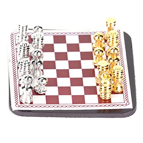 Mini 1/12 Puppenhaus Schach, Magnetisches Brettspiel-Dekorationszubehör aus Metall, Leicht und Faltbar, Ideal für Reisen, Langlebiges Material von Srliya