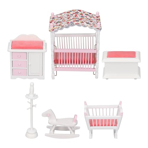 Puppenhaus Schlafzimmermöbel-Set, Maßstab 1:12, Miniatur-Schlafzimmermöbel, Holz, Rosa und Weiß, Spielzeug von Srliya