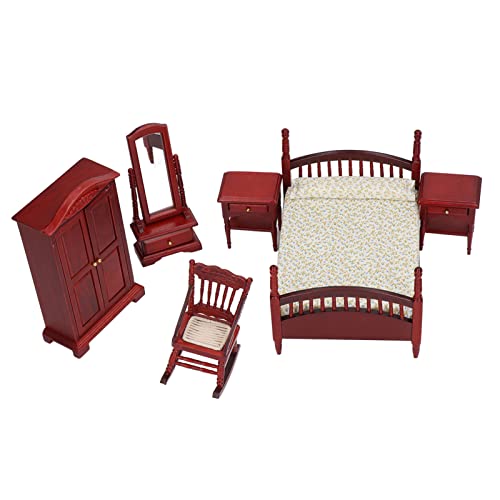 Srliya Puppenhausmöbel aus Birkenholz, Traditionelles Design, Retro-Klassiker, Mini-Schlafzimmermöbel mit Realistischer Form für 1:12 Puppenhaus, Doppelbett, 6-teiliges Schaukelstuhl-Set von Srliya