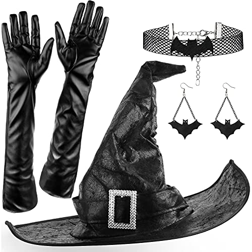 Srnede Halloween Hexenhut Schwarzer Hut Krempe Hut Zauberer Herren Damen Kostüm Cosplay Party Mädchen breit spitzes Accessoire (Hexenhut mit Handschuhen Ohrringen und Halskette), Schwarz, 13*16 von Srnede