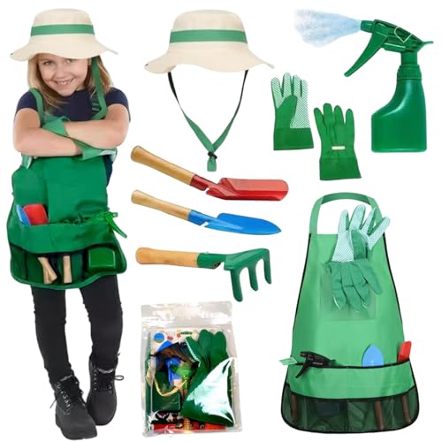 Kids Gardening Kit, 7pcs/Set Kleinkindgartenset mit Sonnenhut, Schürze, Sprühgerät, Handschuhen, Rechen, Kelle und Schaufeln, Gartenwerkzeuge für Kinder Höhe 45.28-57, 09 Zoll von Ssguopte