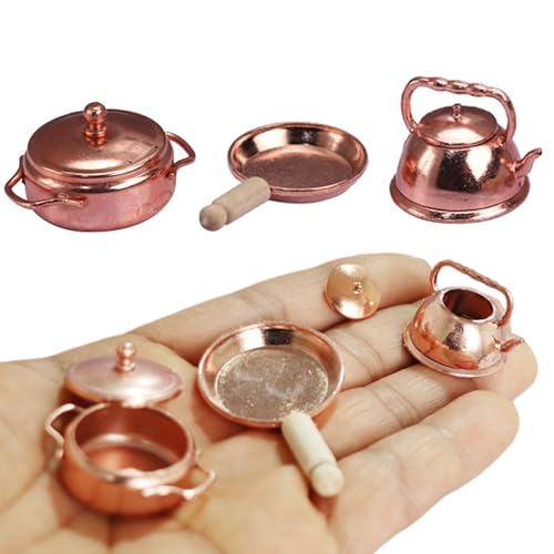 Ssguopte 3PCS Dollhouse Kitchen Miniaturen, Leichtmetallpuppenhouse -Kochgeschirr umfasst Topf, Pfanne und Wasserkocher, Simulationsmodell Küchendekor 1/12 Maßstab Zubehör für Minihouse -Requisiten von Ssguopte