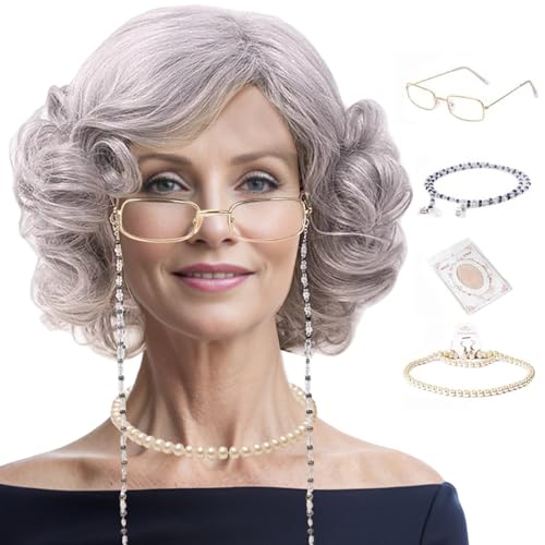 Ssguopte 4PCS Oma Kostüm Set, Curly Grey Oma Perücke, Perlenkette, Brille mit Kette für den 100. Tag des Schul Cosplay von Ssguopte