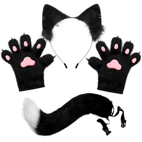 Ssguopte Fox -Kostüm -Set, realistische Schwarze Therian -Ausrüstung mit Handschuhen, Ohren und Schwanz für Maskerade, Cosplay, Party und Halloween von Ssguopte