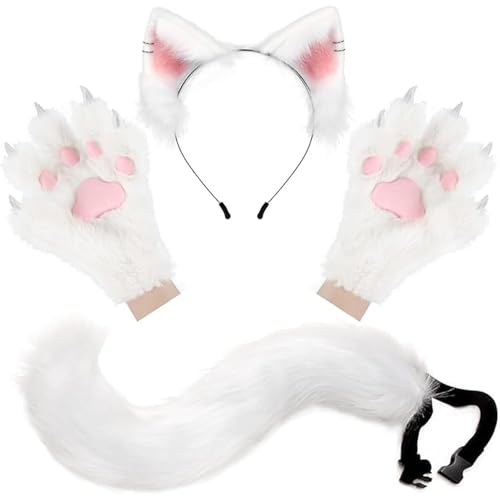 Ssguopte Fox -Kostüm -Set, realistische weiße Therian -Ausrüstung mit Handschuhen, Ohren und Schwanz für Maskerade, Cosplay, Party und Halloween von Ssguopte