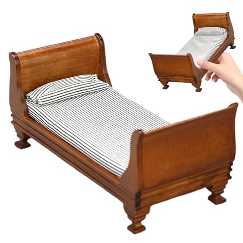 Ssguopte Puppenhausbett, 1:12 Vintage Einzelbett mit Matratze und Kissen, 6x3x3 Zoll Holzmöbel von Ssguopte