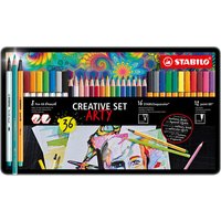 STABILO 87/3193 Fineliner, Premium-Filzstift mit Pinselspitze & Aquarell-Buntstift - STABILO point 88, Pen 68 brush & aquacolor - ARTY - 36er Metalletui - 12x point 88, 8x Pen 68 brush & 16x aquacolor von Stabilo