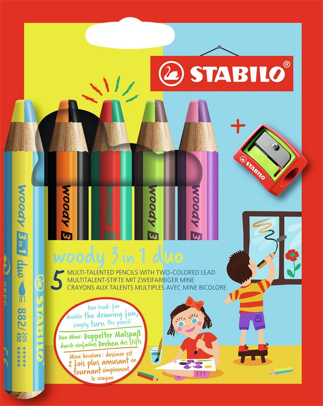 STABILO Aquarellfarbstift WOODY 3 in 1 duo im 5er Etui inklusive Spitzer von Stabilo