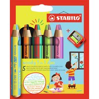 STABILO EO882/05-2 Duo Buntstift, Wasserfarbe & Wachsmalkreide - STABILO woody 3 in 1 duo - zweifarbige Mine - 5er Pack mit Spitzer - mit 5 Stiften und 10 verschiedenen Farben von Stabilo