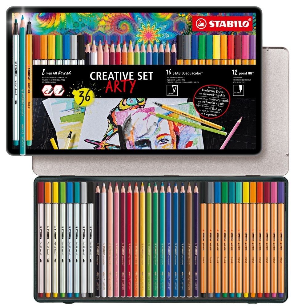 STABILO Multi-Liner ARTY Creative Set im 36er Metalletui - Pen 68 brush, point 88 und Aquarell-Buntstift von Stabilo