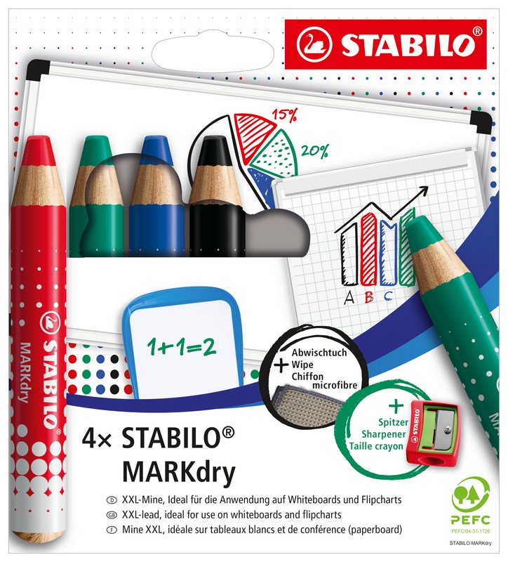 STABILO Whiteboard- und Flipchartmarker MARKdry im 4er Etui inkl. Spitzer und Reinigungstuch von Stabilo