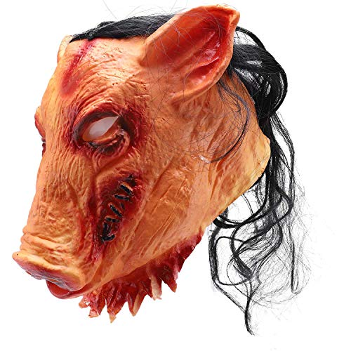 Staccatory Gruselige Neuheit Schweinekopf Horror mit Haaren Caveira realistisch Zubehör Maske von Staccatory