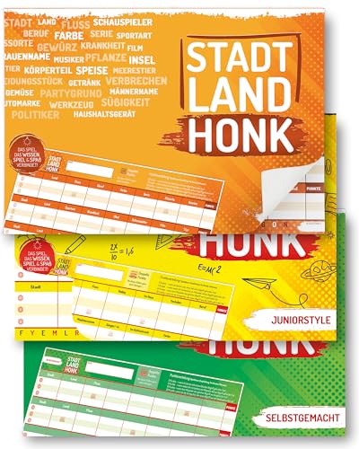 Stadt Land Honk® Das Stadt Land Fluss Gesellschaftsspiel im 3er Set | 50 Blatt für extra langes Spielerlebnis | Stadt Land Fluss Block (A4) | Familien Spiel für Jung und Alt | Spieleabend von Stadt Land Honk