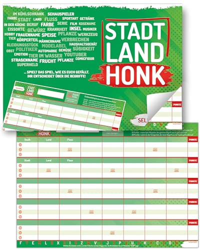 Stadt Land Honk® - Selbstgemacht Edition - Stadt Land Fluss Gesellschaftsspiel | 50 Blatt für extra langes Spielerlebnis | Stadt Land Fluss Block (A4) | Familien Spiel für Jung und Alt | Spieleabend von Stadt Land Honk