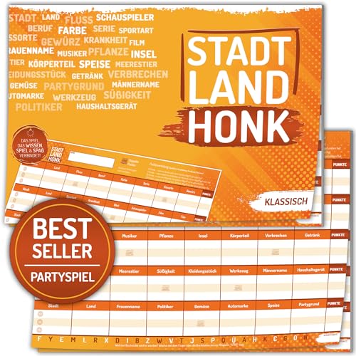 Stadt Land Honk® innovatives Stadt Land Fluss Gesellschaftsspiel | 50 Blatt für extra langes Spielerlebnis | Stadt Land Fluss Block (A4) | Familien Spiel für Jung und Alt | Spieleabend Partyspiel von Stadt Land Honk