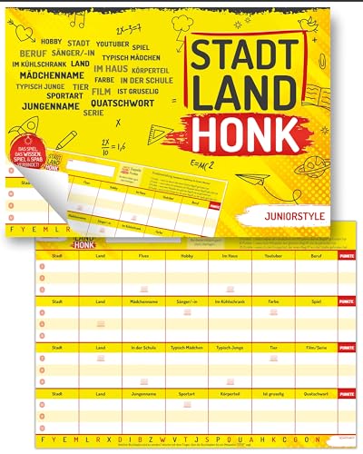 Stadt Land Honk - Junior Edition - Stadt Land Fluss Kinder Gesellschaftsspiel | 50 Blatt für extra langes Spielerlebnis DIN A4 | Familien Spiel für Jung und Alt von Stadt Land Honk