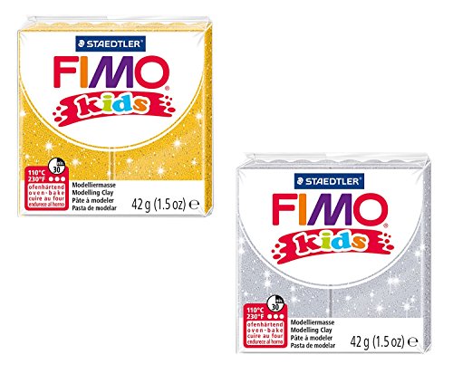 STAEDTLER 8030 AMZ 02 - Fimo kids glitter Modelliermasse, 2 Blöcke, 42 g, gelb/silber von Staedtler