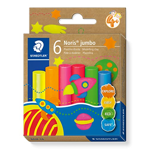 STAEDTLER Neon Plastilin Knete Noris jumbo, geschmeidig und formstabil, ideal für Schule und Kindergarten, 6 Knetstangen à 16g in sortierten neon Farben im Kartonetui, 842F C6 von Staedtler