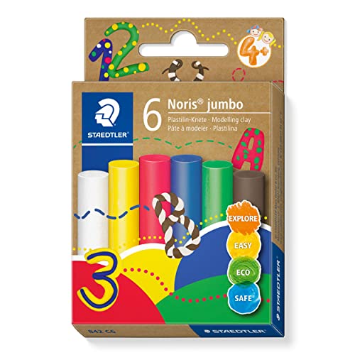 STAEDTLER Plastilin Knete Noris jumbo, geschmeidig und formstabil, ideal für Schule und Kindergarten, 6 Knetstangen à 16g in sortierten Farben im Kartonetui, 842 C6 von Staedtler