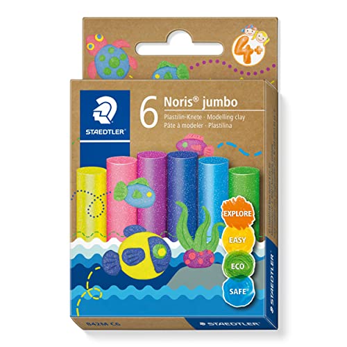 STAEDTLER Glitzer Plastilin Knete Noris Jumbo, geschmeidig und formstabil, ideal für Schule und Kindergarten, 6 Knetstangen à 16g in sortierten Glitter Farben im Kartonetui, 842M C6 von Staedtler