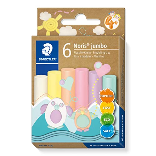 STAEDTLER Pastell Plastilin Knete Noris jumbo, geschmeidig und formstabil, ideal für Schule und Kindergarten, 6 Knetstangen à 16g in sortierten pastell Farben im Kartonetui, 842P C6 von Staedtler