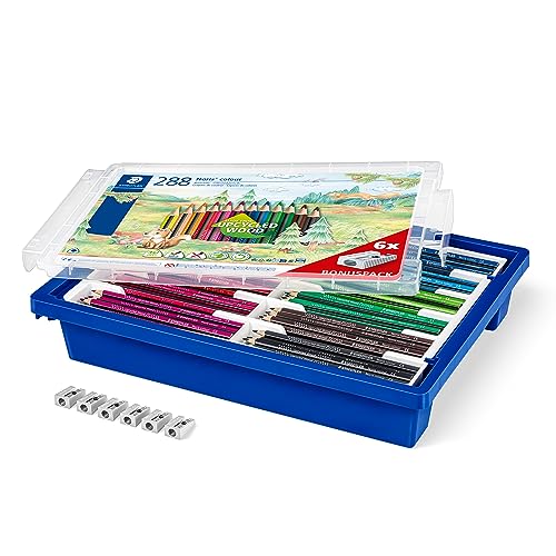 STAEDTLER Buntstift Noris colour, erhöhte Bruchfestigkeit, Dreikantform, ergonomische Soft-Oberfläche, WOPEX Material, Set mit 288 Stiften in 12 Farben und 6 Anspitzern, Klassensatz, 187 G288 von Staedtler