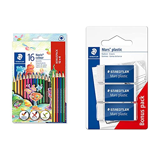 StaedtlerSTAEDTLER 187 C12P1 Noris Colour Buntstift & 526 53 ABK3D Radierer Mars plastic mini phtalat- und latexfrei, 3 Stück auf Blisterkarte, 2 Stück und 1 Stück gratis, weißStaedtler von Staedtler