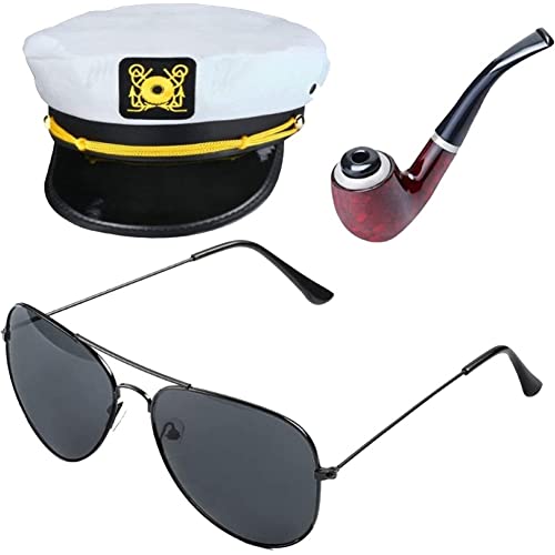 Stakee Yacht Hut Kostüm Einstellbarer Bootssesigner Hut -Flieger Sonnenbrille Holzpfeife Whistle Cosplay Accessoire von Stakee