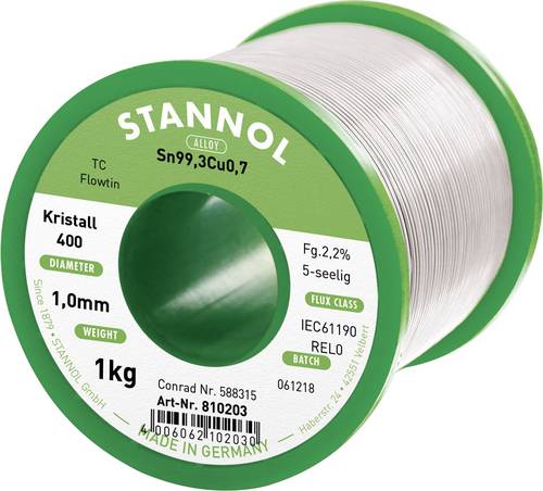 Stannol Ecology TC Lötzinn, bleifrei Spule Sn99,3Cu0,7 REL0 1000g 1mm von Stannol