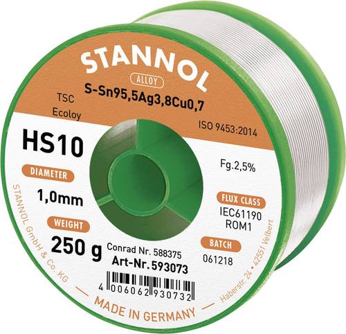 Stannol HS10 2510 Lötzinn, bleifrei Spule Sn95,5Ag3,8Cu0,7 ROM1 250g 1mm von Stannol