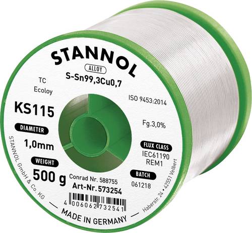 Stannol KS115 Lötzinn, bleifrei Spule Sn99,3Cu0,7 ROM1 500g 1mm von Stannol