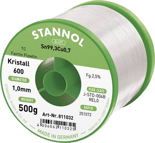 Stannol Kristall 600 Fairtin Lötzinn, bleifrei bleifrei Sn99,3Cu0,7 REL0 500g 1mm von Stannol