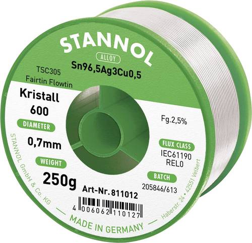 Stannol Kristall 600 Fairtin Lötzinn, bleifrei bleifrei Sn96,5Ag3Cu0,5 REL0 250g 0.7mm von Stannol