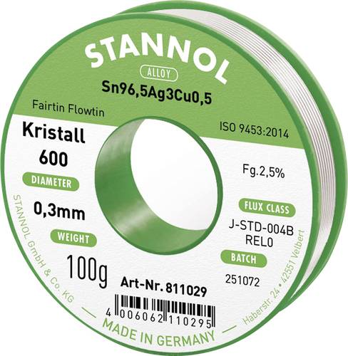 Stannol Kristall 600 Lötzinn, bleifrei Spule Sn96,5Ag3Cu0,5 REL0 100g 0.3mm von Stannol