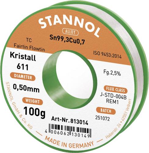 Stannol Kristall 611 Fairtin Lötzinn, bleifrei bleifrei Sn99,3Cu0,7 REM1 100g 0.5mm von Stannol