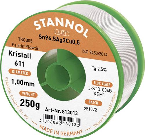 Stannol Kristall 611 Fairtin Lötzinn, bleifrei bleifrei Sn96,5Ag3Cu0,5 REM1 250g 1mm von Stannol