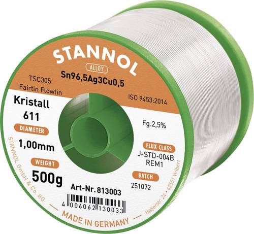 Stannol Kristall 611 Fairtin Lötzinn, bleifrei bleifrei Sn96,5Ag3Cu0,5 REM1 500g 1mm von Stannol