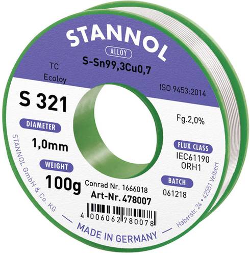 Stannol S321 2,0% 1,0MM SN99,3CU0,7CD 100G Lötzinn, bleifrei bleifrei, Spule Sn99,3Cu0,7 ORH1 100g von Stannol