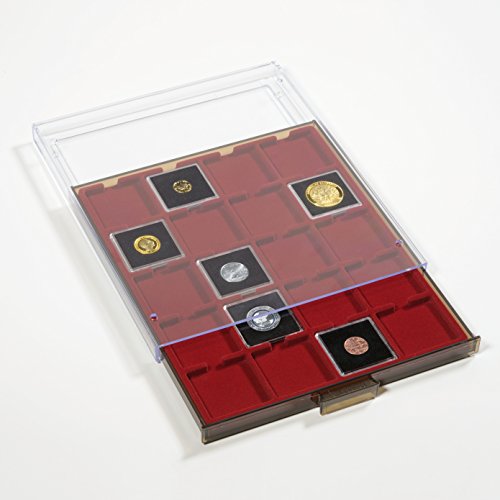 Star Collect Münzbox - 20 eckige Münz-Fächer - samtartige rote Einlage – 50 x 50 mm Felder für Broschen/Orden von Star Collect