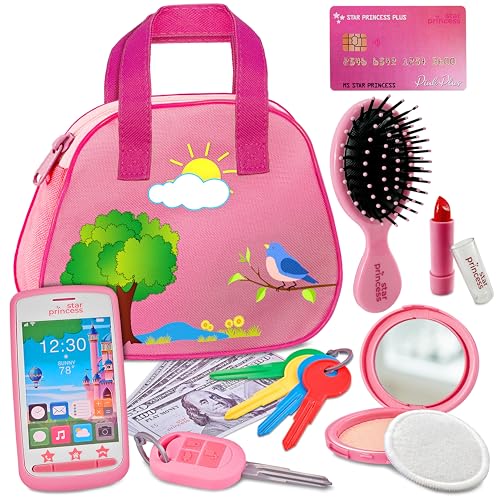 Spielhandtasche für Kinder mit Zubehör – Handtaschenspielzeug mit Spiel-Make-up, Schlüsseln, Smartphone und Verkleidungsspielzeug kleine Mädchen und Kleinkinder von Star Princess