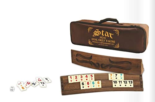 Star-Oval, graviert Rummy Spiel Set aus massiv Holz mit Melamin Steinen, Curved Rommé Star Okey, Gesellschaftsspiel, Familienspiel von Star