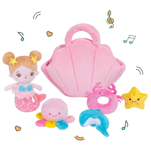 Starpony OUOZZZ Baby-Mädchen-Geschenk-Meerjungfrauen-Abenteuer mit 6 Plüschtieren, Spielset mit Meerjungfrauenpuppe, Muscheltasche und Delfin，klingelnde sensorische kleine Spielzeuge von Starpony