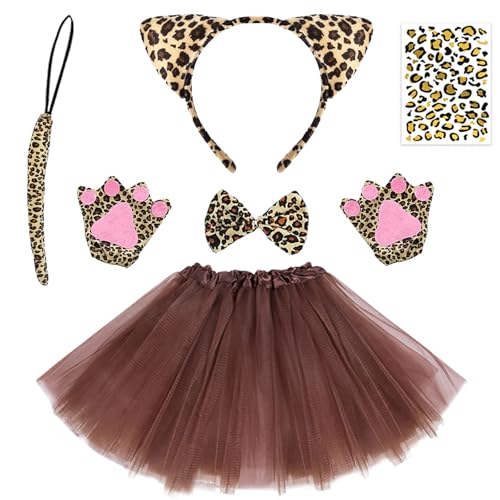 6 Stück Leopard Kostüm Kinder Set, Tierkostüm Kinder Leoparden Ohren Haarreif, Tier Tüllrock Kinder Tierpfoten Handschuhe Schwanz, Leoparden Faschingskostüme Kinder Mädchen für Karneval Party von Stars Align