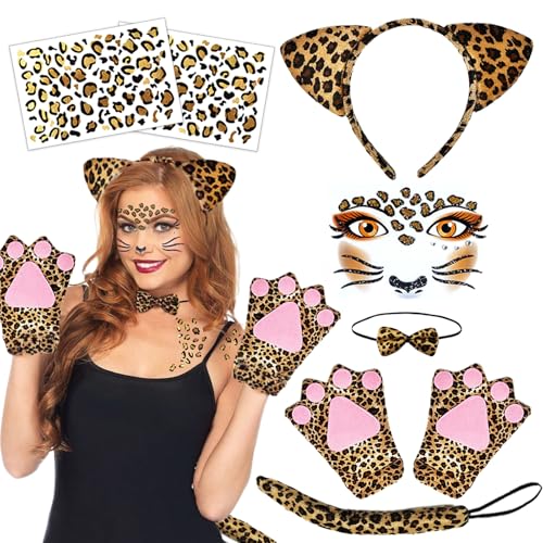 Leoparden Kostüm Set, 7-Teilig Leoparden Kostüm Damen Kinder, Leoparden Ohren Haarreif Schwanz Fliege Handschuhe Leoparden Tattoo Gesicht, für Fasching Karneval Dschungel Kostüm Cosplay von Stars Align