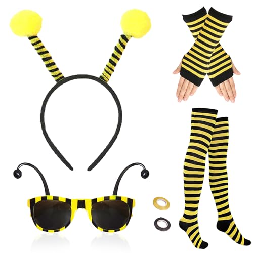 5 Stück Bienen Kostüm Damen, Bienenkostüm Erwachsene - Gestreifte Überkniestrümpfe Lange Handschuhe Haarreif Fasching Damen mit Fühlern Biene Brille, Faschingskostüme Damen für Cosplay Party von Stars Align